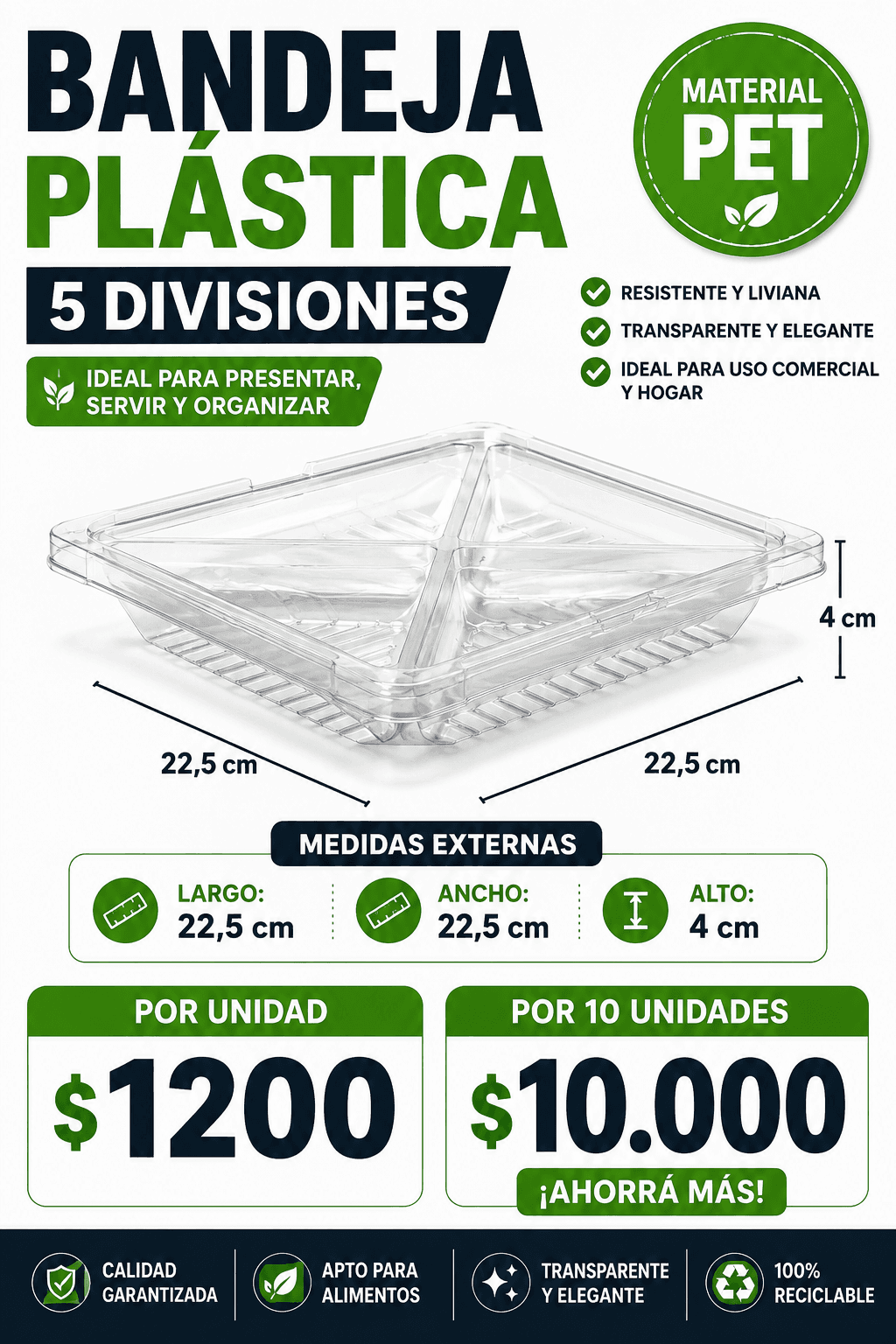 Bandeja Plástica 5 Div. Cuadrada (22.5 cm)
