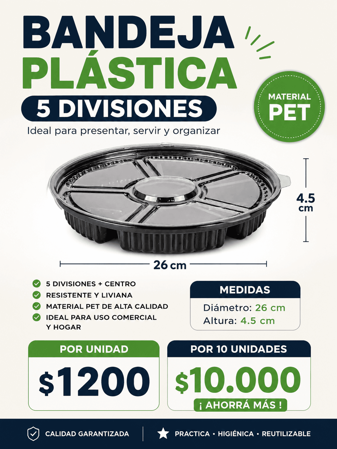 Bandeja Plástica 5 Div. + Centro (26 cm)