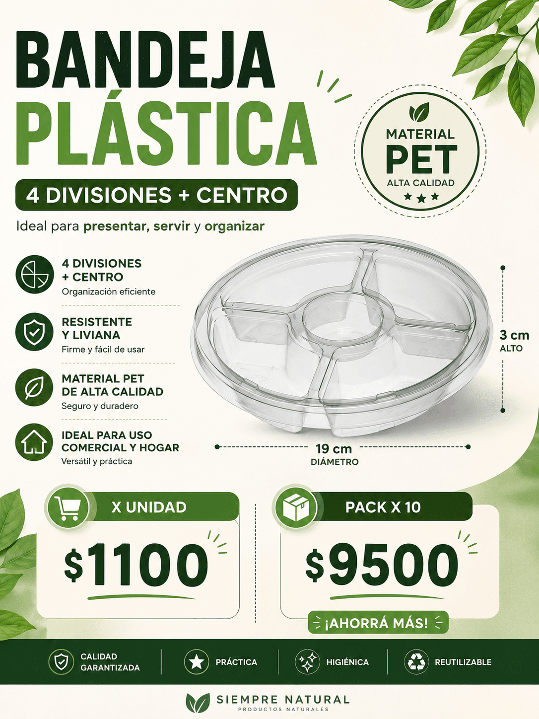Bandeja Plástica 4 Div. + Centro (19 cm)